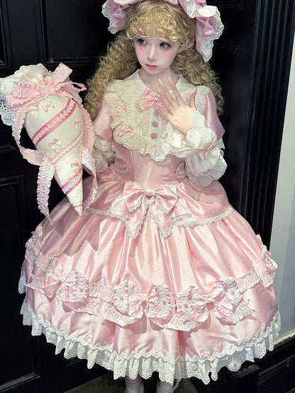 Trimmed Pink White and Bow Sweet Lace Bead Details with Dress Lolita
