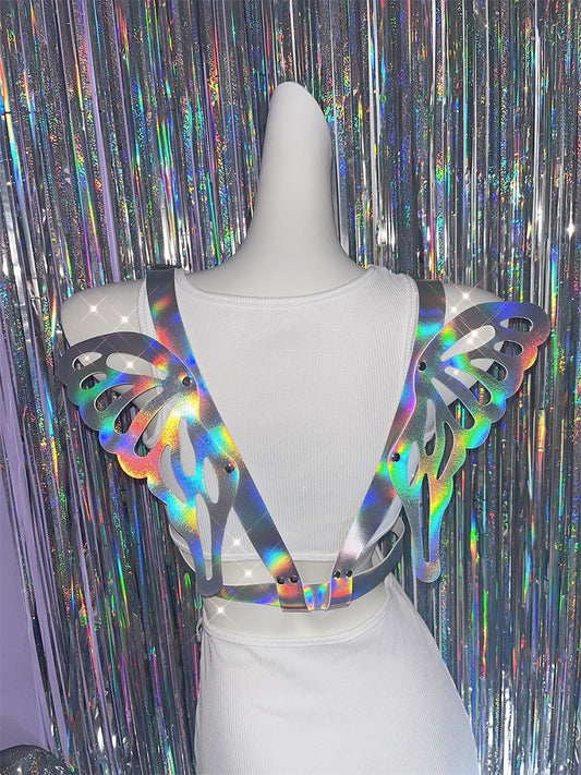 Holografischer Gürtel in Farbe/Schwarz mit Schmetterlingsflügeln