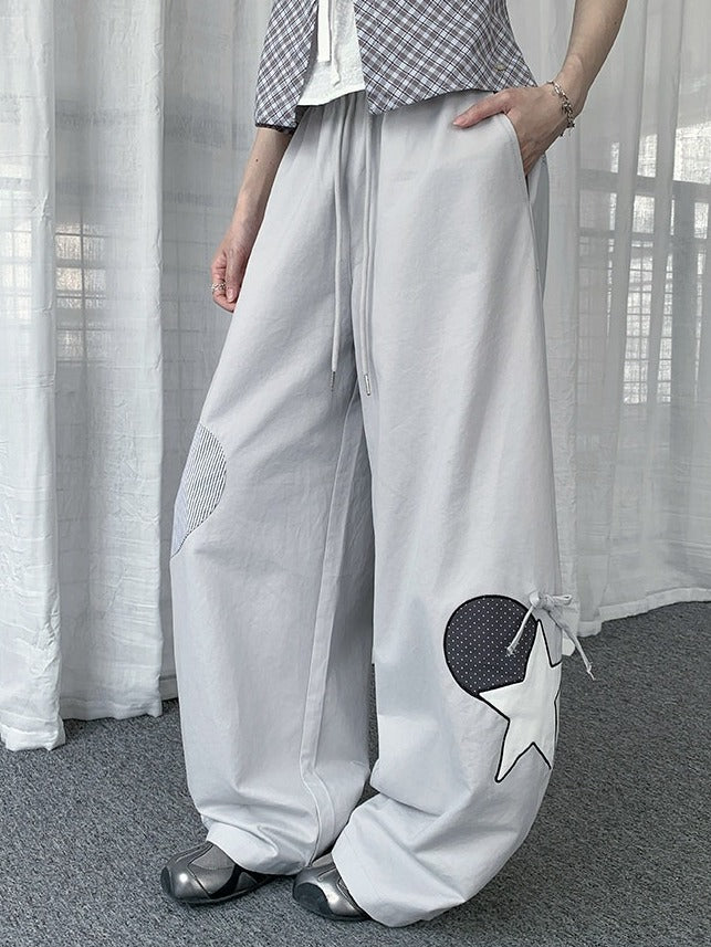 Casual Gray Curved Wide Leg Pants with Star and Heart Pattern - Solkatt