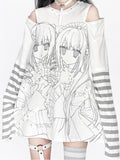 Printed Striped Top Cutout Landmine Style Girl White Zip-Adjustable Gray Shoulder