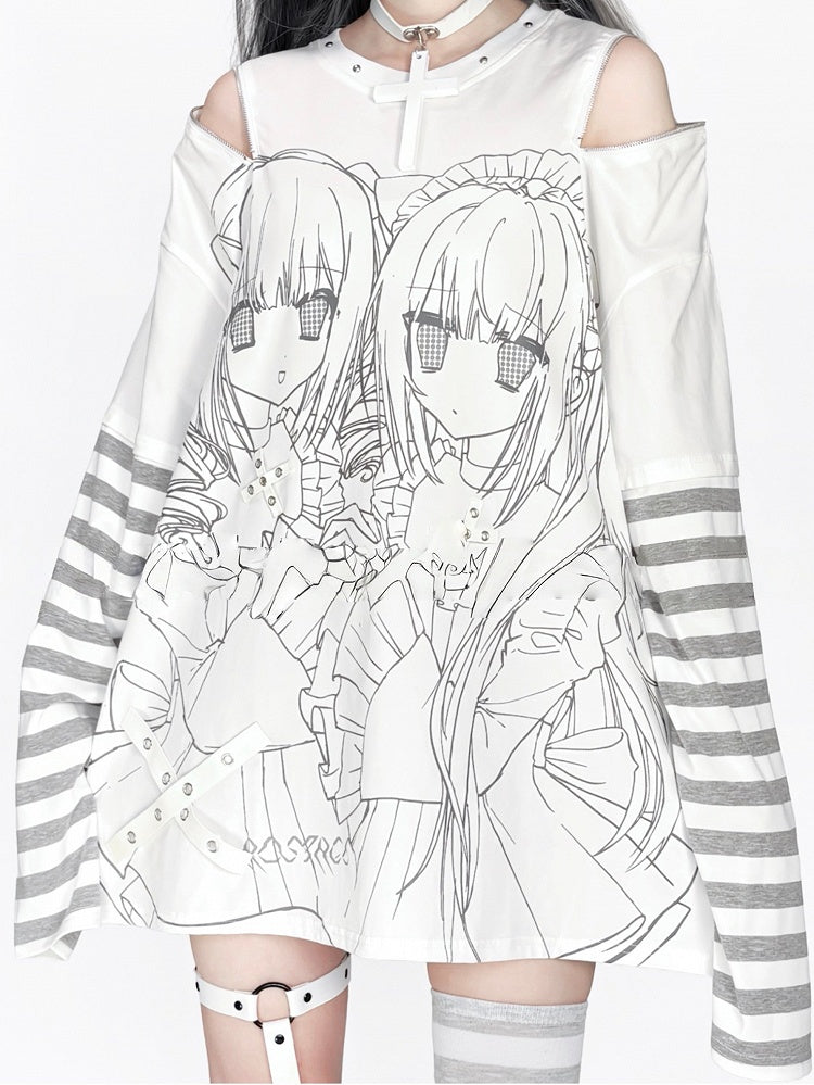 Printed Striped Top Cutout Landmine Style Girl White Zip-Adjustable Gray Shoulder