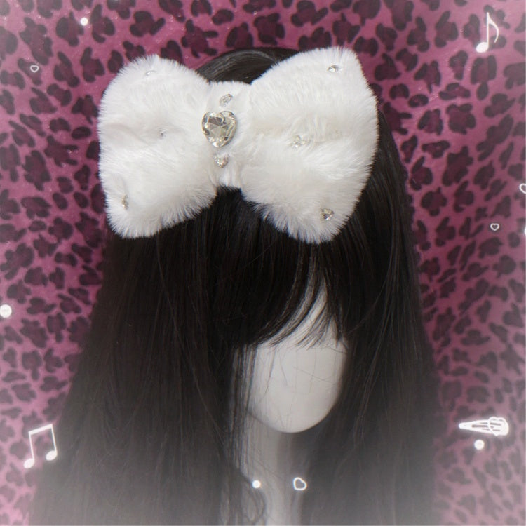 Bowknot Decoration Plush Pink/White with Gemstone Hairclip