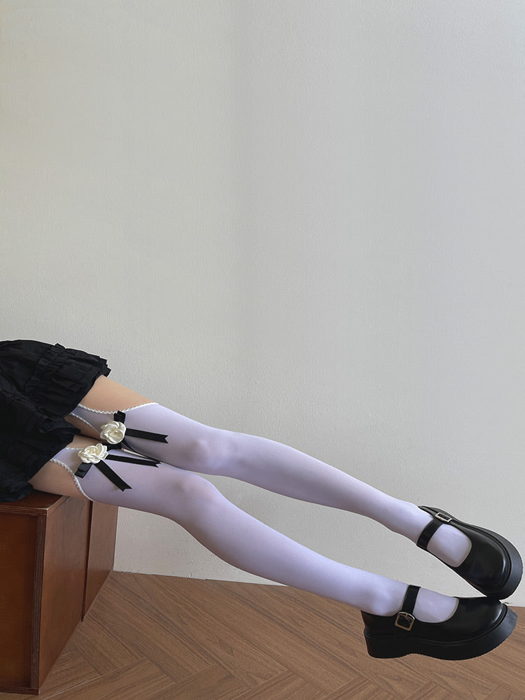 Camellia Bowknot Tights Black/White Suspender