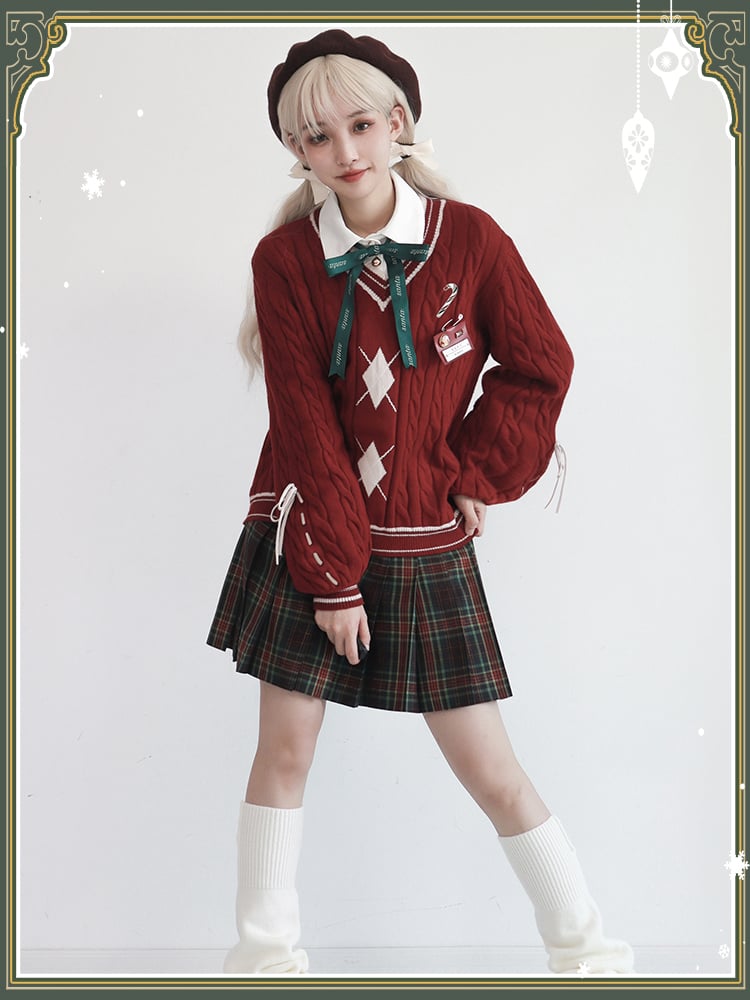 V-Neck White/Red Candy Embroidery with Pattern Sweater and Diamond Preppy