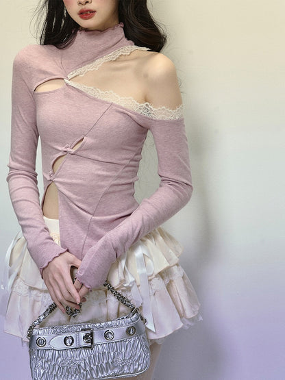 Purple Cutout Shoulder Mock Neck Top with Asymmetrical Hem