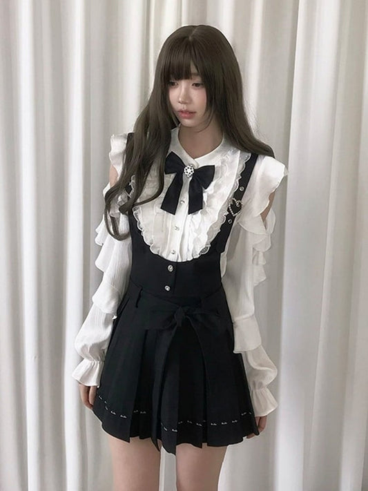 Bow Details Kei Sleeve Blouse White Cutout Shoulder Lace Jirai Ruffle Long With