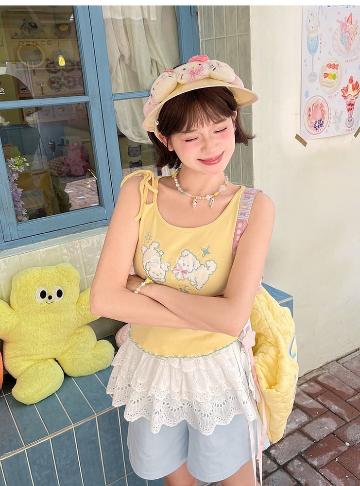 セルフタイイエローパピー刺繍レタス裾タンクトップストラップショルダー付き