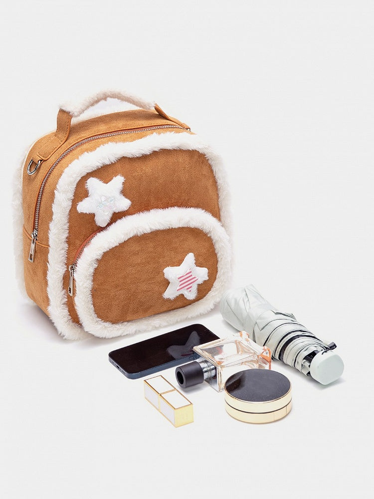 Chic 2-Way Small-Sized Brown Backpack With Plush Trim And Fuzzy Star Accents