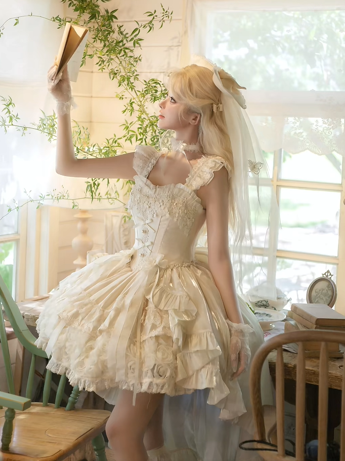 Blooming Hime Layered Lace Dress Lolita Accents Flower with Fluffy Champagne Waist Basque