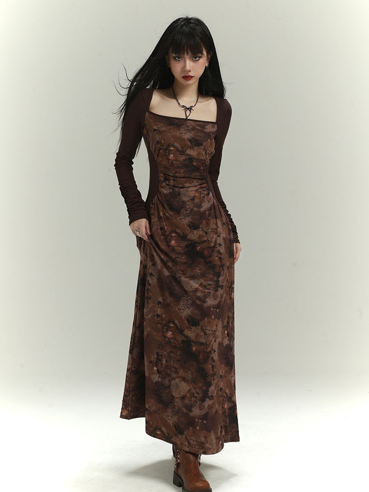 Millard Fashion Brown Square Neck Gathering Details Slim-fitting Dress