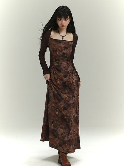 Millard Fashion Brown Square Neck Gathering Details Slim-fitting Dress