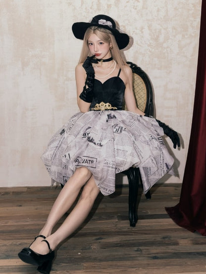 Eleganter Rock, mehrlagiges Pulloverkleid, Lolita-Print, Zeitungstaschentuch