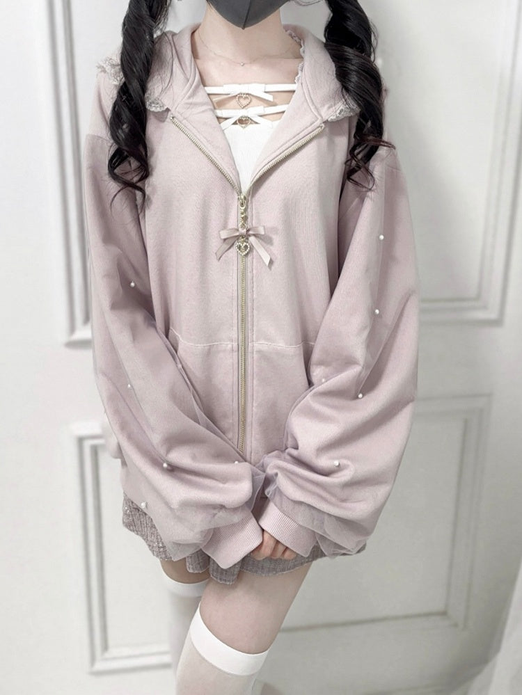 Kei Sweet Hoodie: Jirai Detailed with Edgy Dusty Pink Bunny-Ear Beadwork
