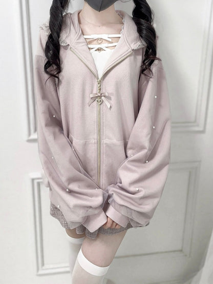 Kei Sweet Hoodie: Jirai Detailed with Edgy Dusty Pink Bunny-Ear Beadwork