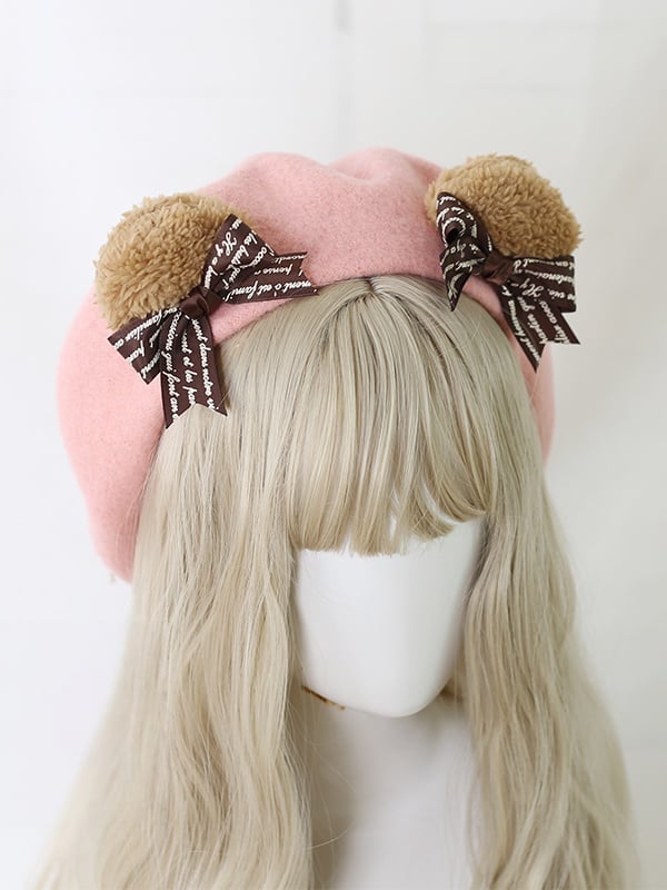 Detachable Beret Bowknot Coffee Cute Ear 4 Colors Lolita With Bear