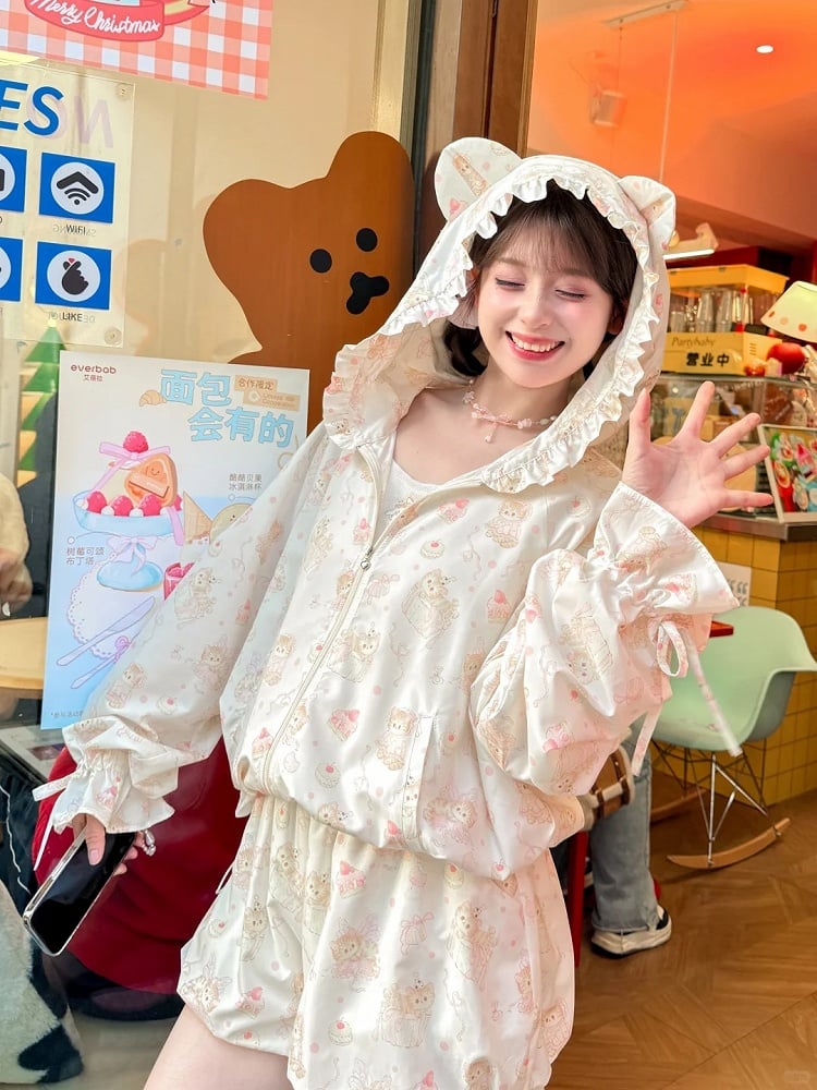 Beige elastische Bubble Shorts Print Allover Kitty Taille