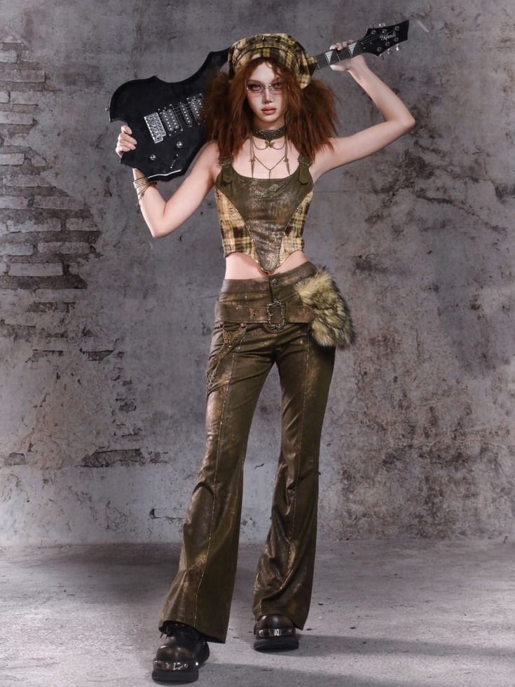 Green Plaid Buckle Straps Metal Butterfly Top