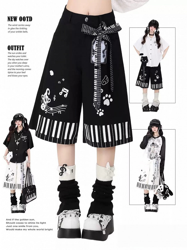 Piano Key Print Wide-Leg Pants with Belt Set - CRAZY GIRL