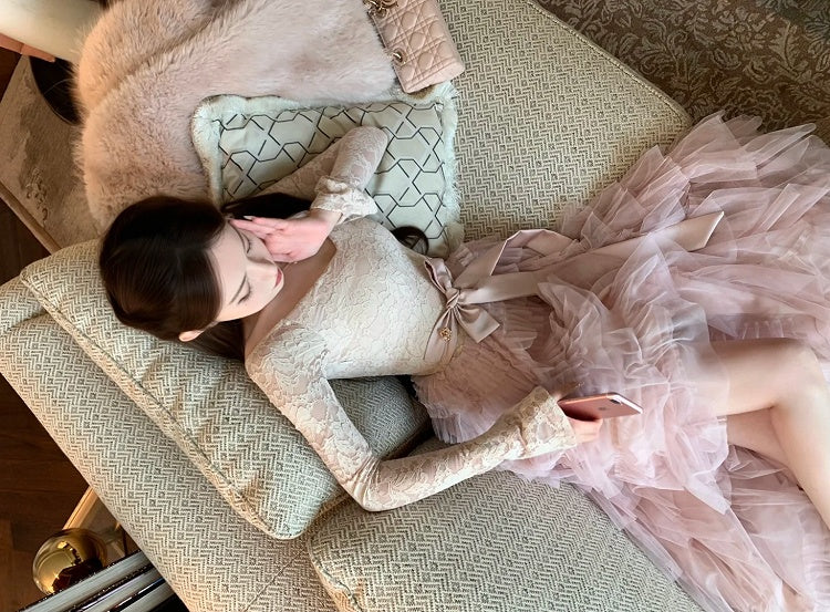 Tiered (Fleece-Lined) Lace Vintage Cake Off-Shoulder French Dress