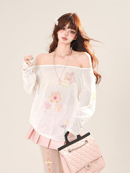 Coverup White Off-the-shoulder Neckline Floral Print Semi-sheer