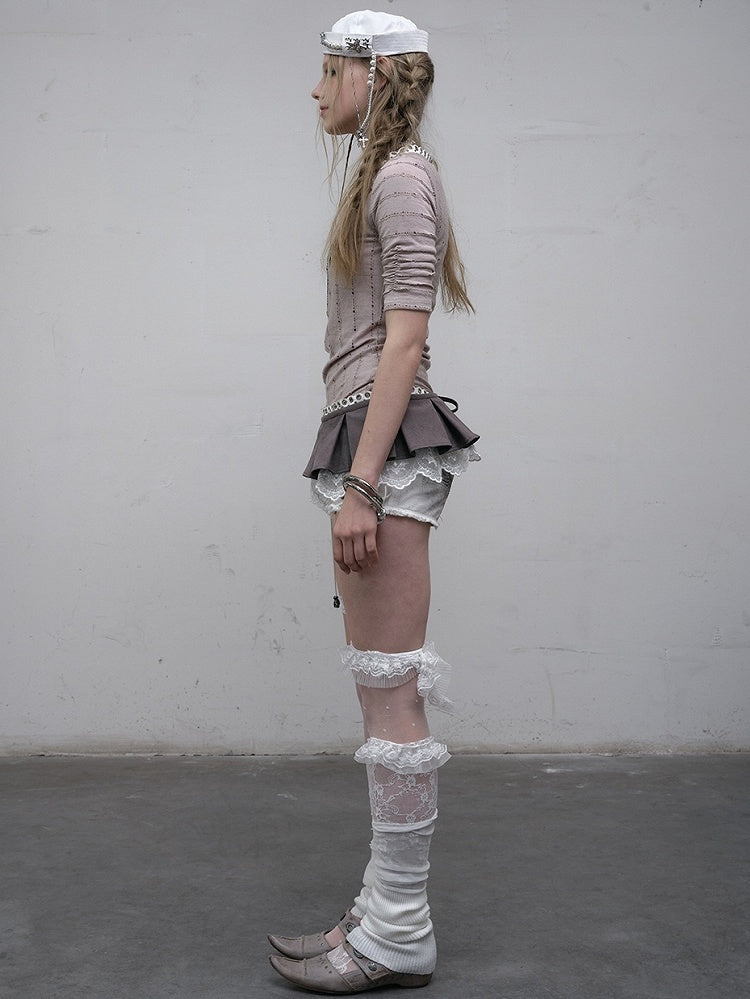 Muster Langer V-Ausschnitt Strass Gestreift Rosa/Blau Ärmel Punk Design Top Halskette Wasteland