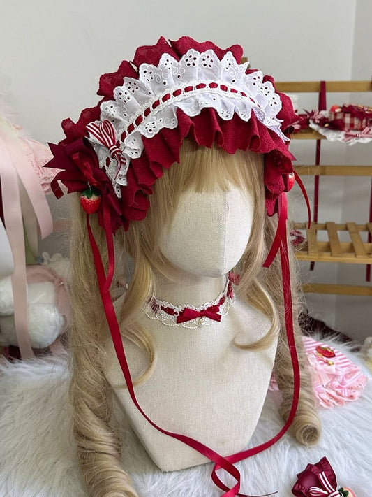 Lace Hairband Strawberry Red with White Ribbon Charms and