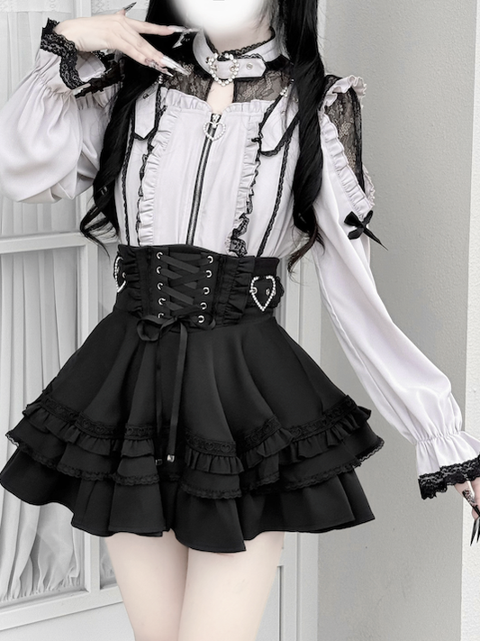 Illusion Buckle Neckline Jirai Kei Zipper Top in Pink & Black Lace with Shoulder Cutouts