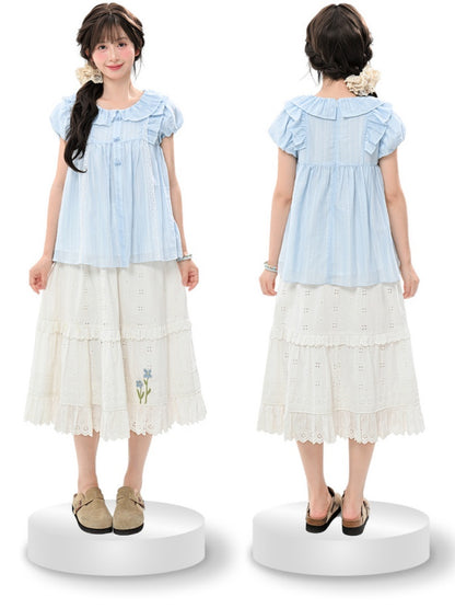 スイートライトブラウス ブルー ピーターパンカラー パフスリーブ