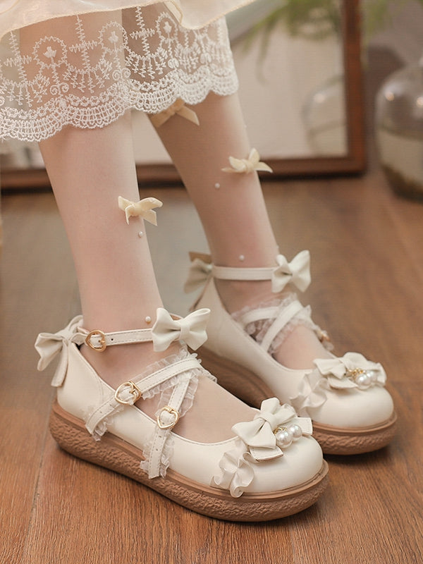 Trim Top White Bow Shoes Lolita Straps Buckle Crisscross Ruffles Hime Flat Lace at with