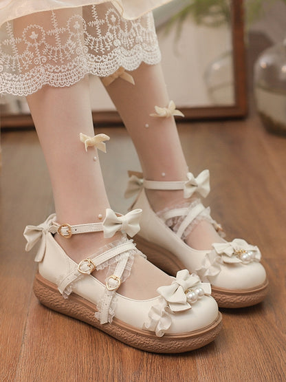 Trim Top White Bow Shoes Lolita Straps Buckle Crisscross Ruffles Hime Flat Lace at with