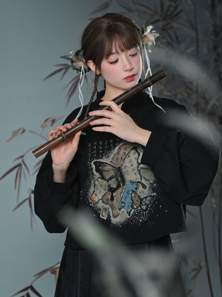 Gebänderter Sweatshirtkragen Schmetterlingsstil Cheongsam-Druck Schwarz/Apricot