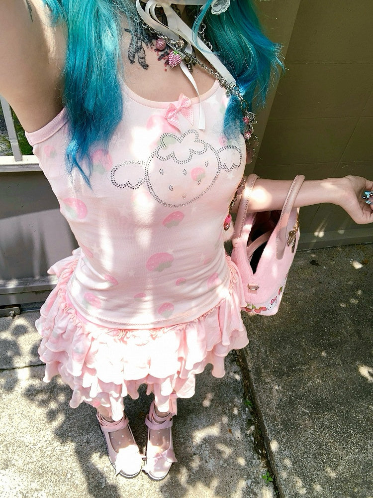 Strawberry Built-in Pink Skirt Tiered Shorts with Print