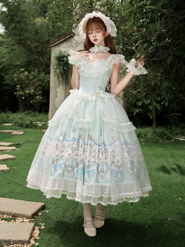 Mint Green Lolita JSK Gown with Lily Print and Tulle Overlay - White Sugar Girl