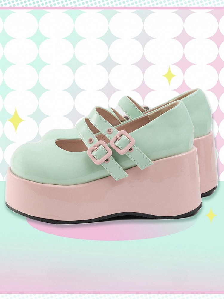 Leder PU Schnallen Süße Rosa Lolita Grüne Sohle Plattformen mit Keil