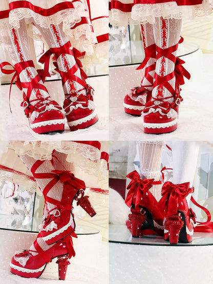 Lolita Mary Top Heart-Embellished Crystal - Snap High with Heel Sweet Red Block Bow Janes Heart