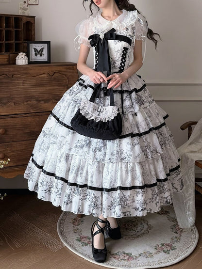 Elegant Hanayome-Style Black & White Porcelain-Inspired 120CM-Length Lolita Princess Dress - Sleepless Star