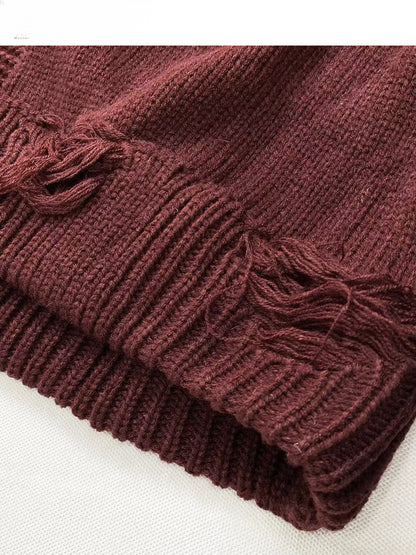 Weinroter, langer Cardigan mit Löchern im Used-Look