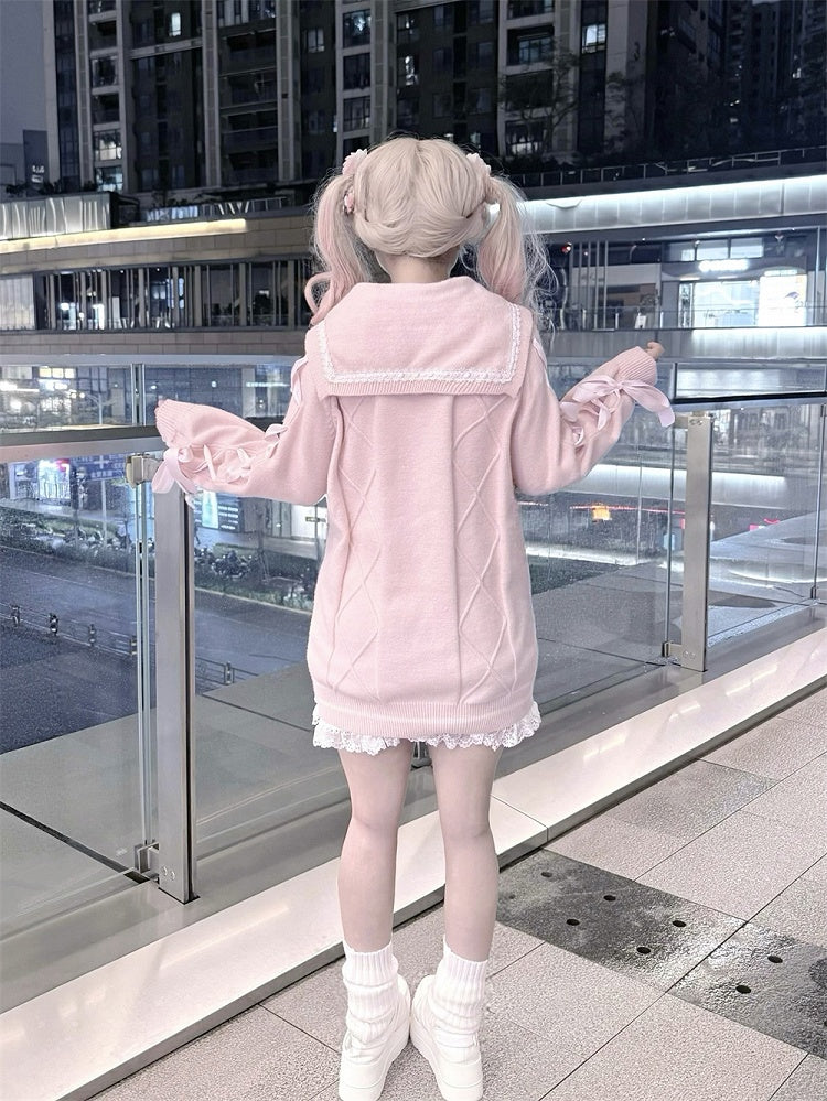Sailor Heart Crossed Kei Jirai Sweet Pink Sweater Knit Collar Lacing Buttons with