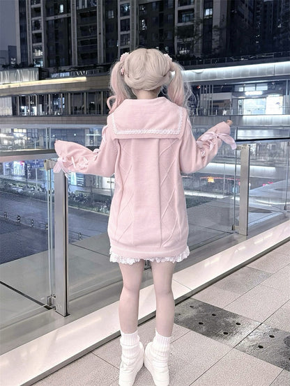 Sailor Heart Crossed Kei Jirai Sweet Pink Sweater Knit Collar Lacing Buttons with