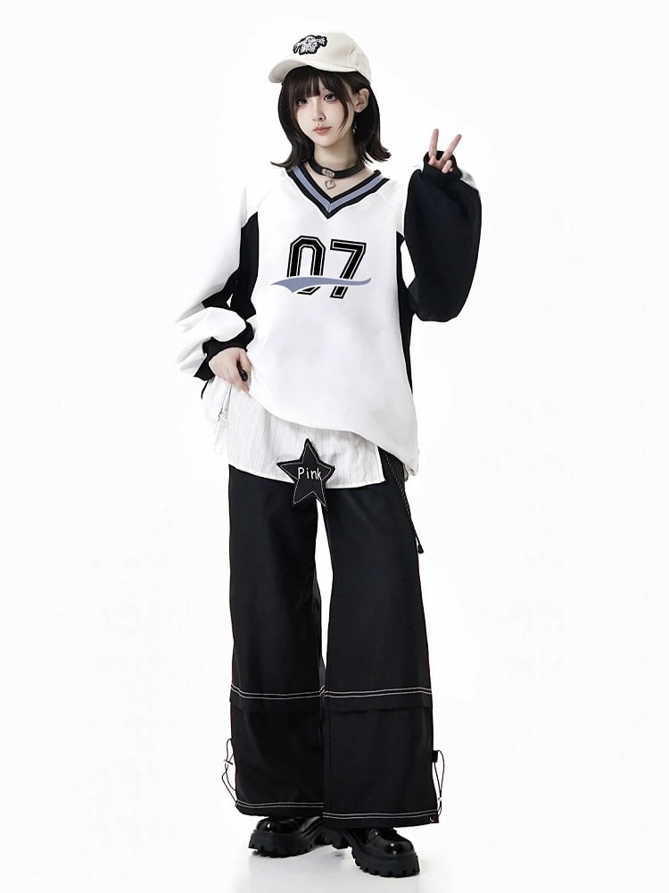 Front Sweatshirt with White Bow V-Neck Numeric Design Regular/Back Baseball-Style