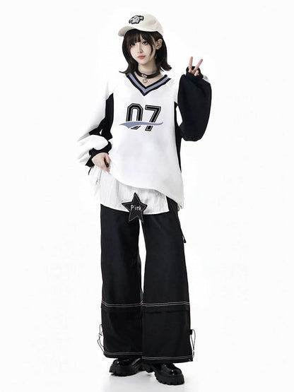 Front Sweatshirt with White Bow V-Neck Numeric Design Regular/Back Baseball-Style