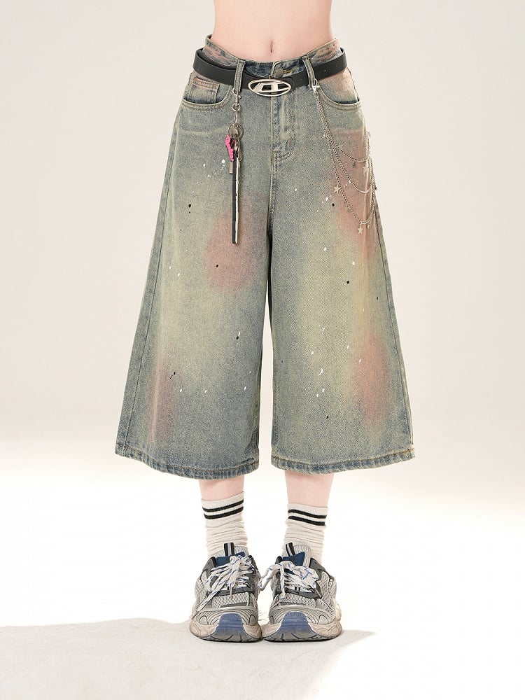 ブルーのローライズ ダメージ加工 スパンコールディテール ストレートレッグジーンズ