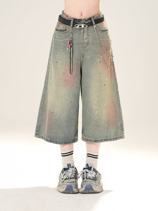 Blaue Jeans mit geradem Bein und niedrigem Used-Look und Paillettendetails