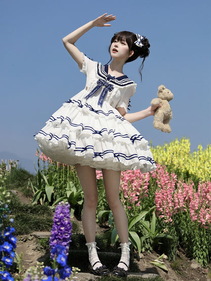 Ärmel Matrosenkragen Weiß mit Sommerkleid Kurz Abnehmbar Lolita