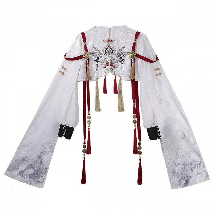 Green Chinoiserie + Balck White Cropped Crane Dress Lolita Tassel Top with Accents Embroidery