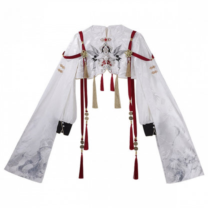 Green Chinoiserie + Balck White Cropped Crane Dress Lolita Tassel Top with Accents Embroidery