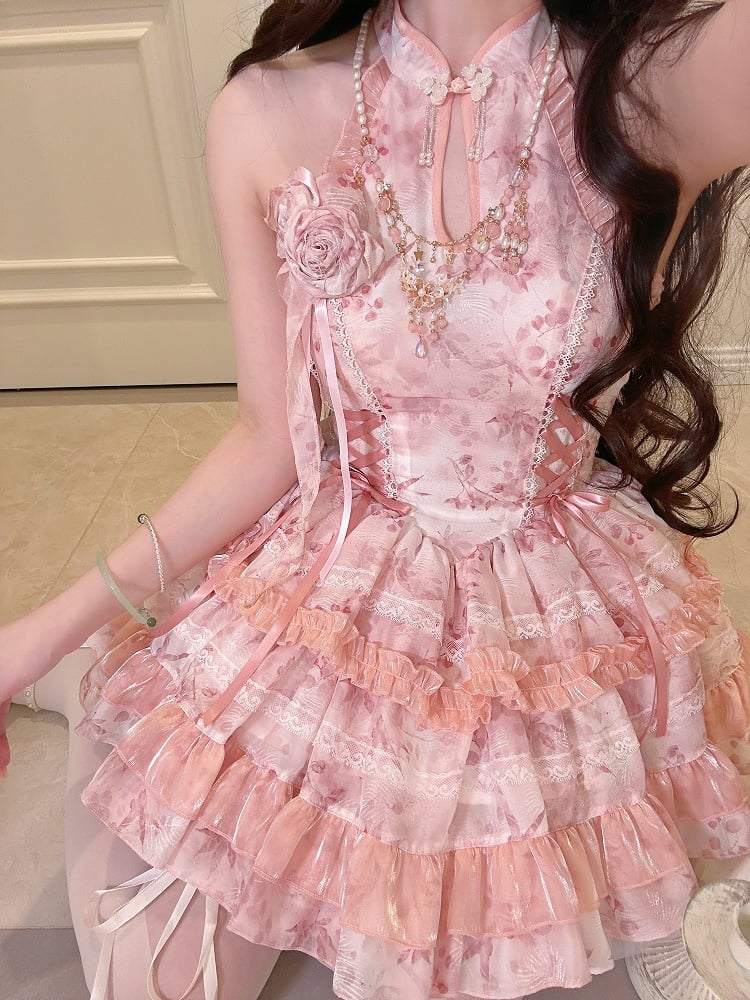 Qipao-Style Floral Halter Details Pattern with Lace Pink Dress Button Lolita Sweet Neck