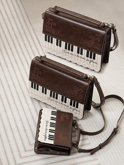 Brown Piano-Themed Crossbody  Backpack Briefcase With Embroidered Floral Accents Elegant Midium-Sized