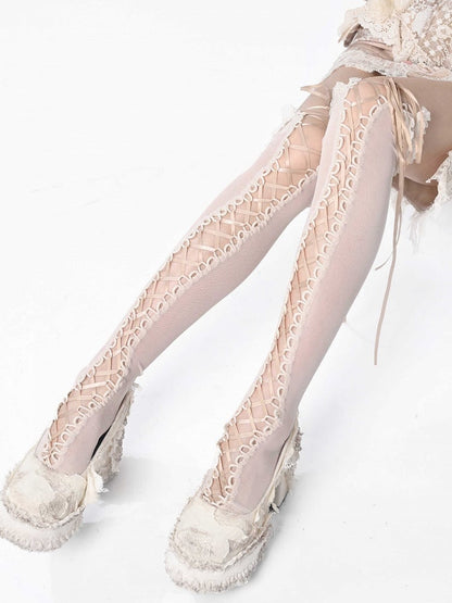Detail Lace-up Stockings Apricot Overknee