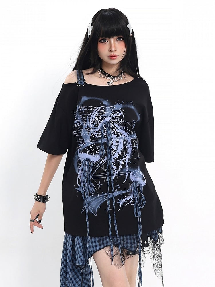 Asymmetrical Tee with Jellyfish Print and Bows - Catwish